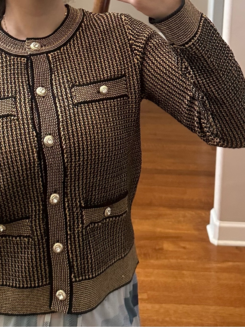 Karl Lagerfeld Black and Tan Knit Button Cardigan